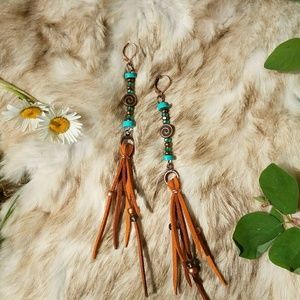 Handmade copper turquoise boho flowy earrings